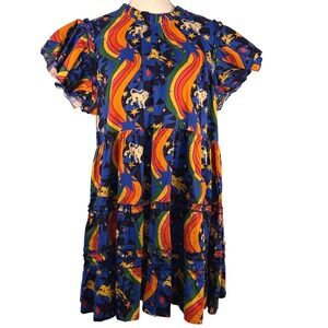 Briton Court Rainbow Unicorn Cotton Tiered Mini Dress XL Blue Flutter Sleeve New